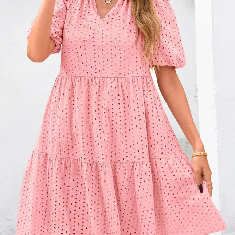 Eyelet Summer Dresses for Women 2025 Mini Casual Hollow Out Short Sleeve Lace Ti - Picture 4 of 8